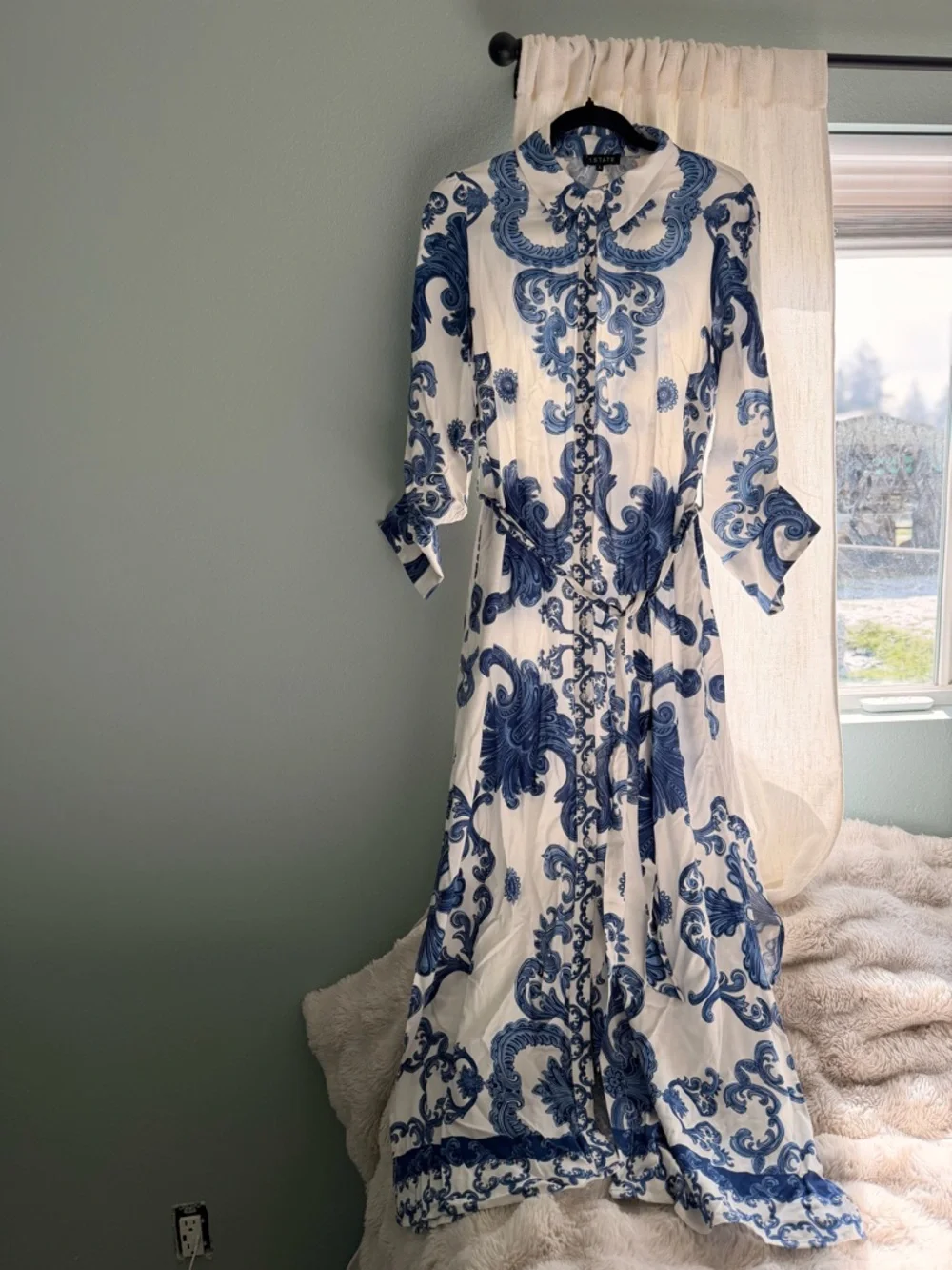 1. State Blue and White Printed Maxi Shirt Dress - Picture 1 of 7